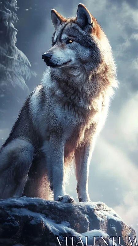 Regal wolf on icy outcrop rendered in high-detail digital art