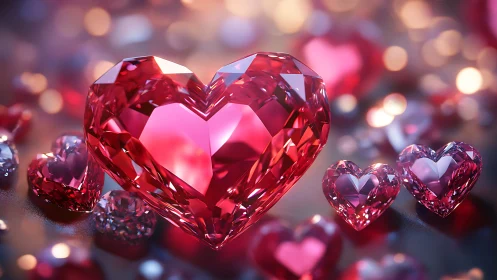 Crystalline heart-shaped gemstones with reflective surfaces.