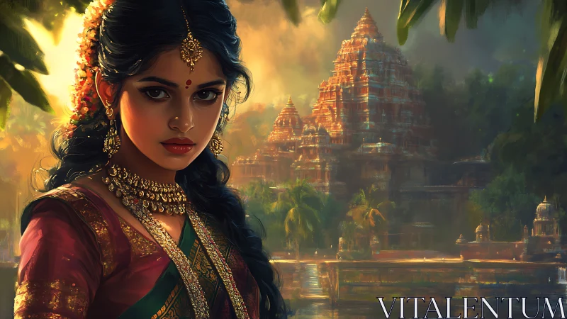 Regal woman in silk saree before sunlit temple complex.