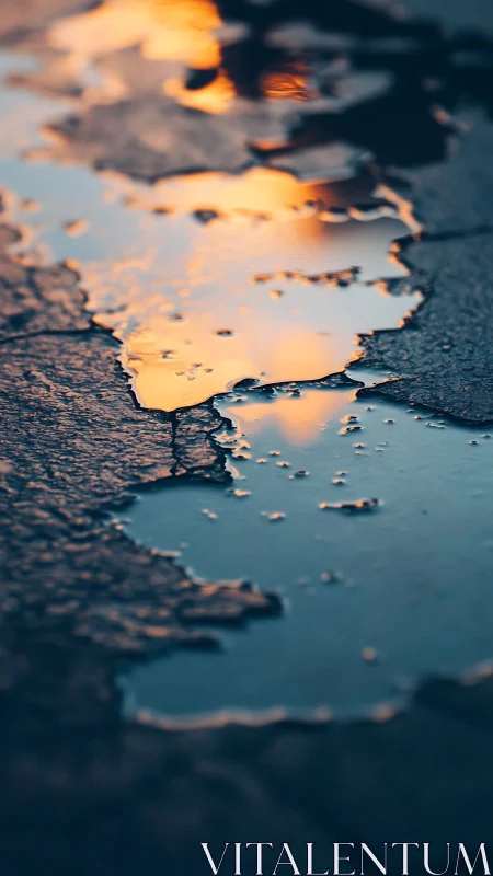 Street puddle cradles sunset embers in fractured asphalt mirror.
