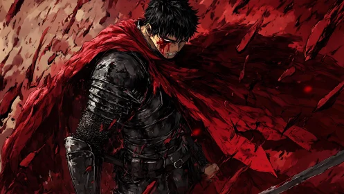 Blood-soaked armored swordsman under torn crimson cloak.