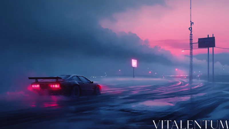Neon dusk racer carving luminous tracks through vapor night.