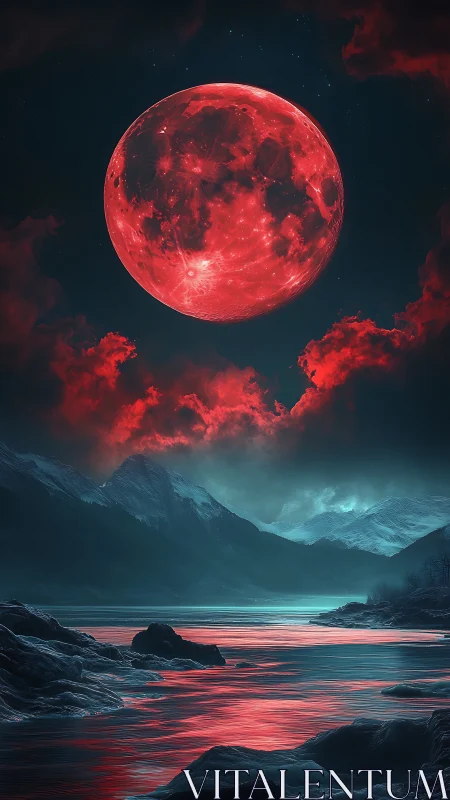Crimson moonrise casting gentle magic over icy mountains.