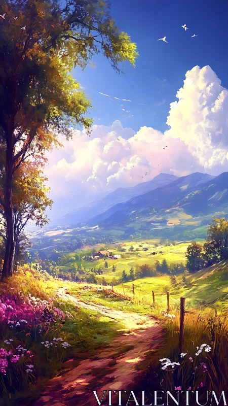 Sunlit country path curves through vibrant valley landscape