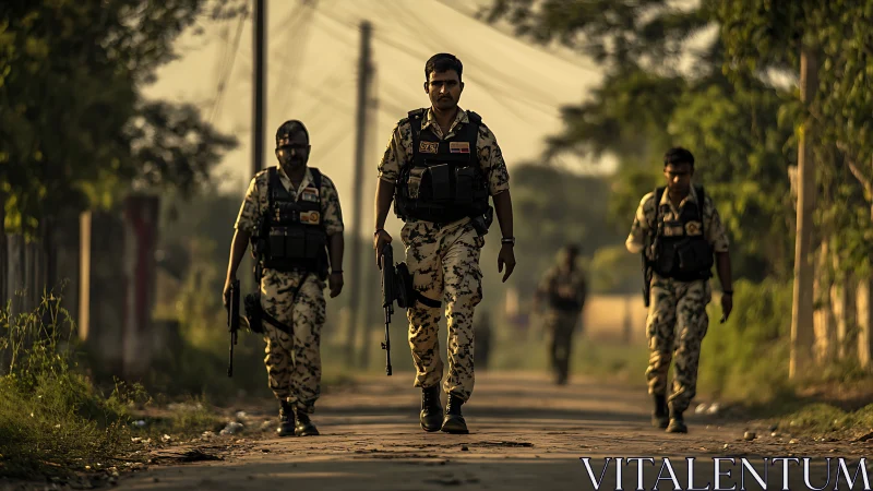 Armed security patrol advances through hazy rural roadside at dusk