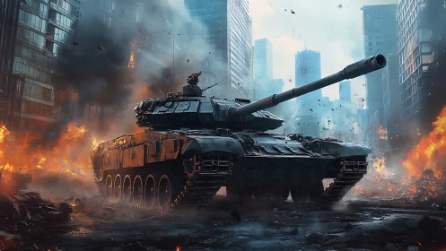 Main battle tank in burning high rise urban street scene.