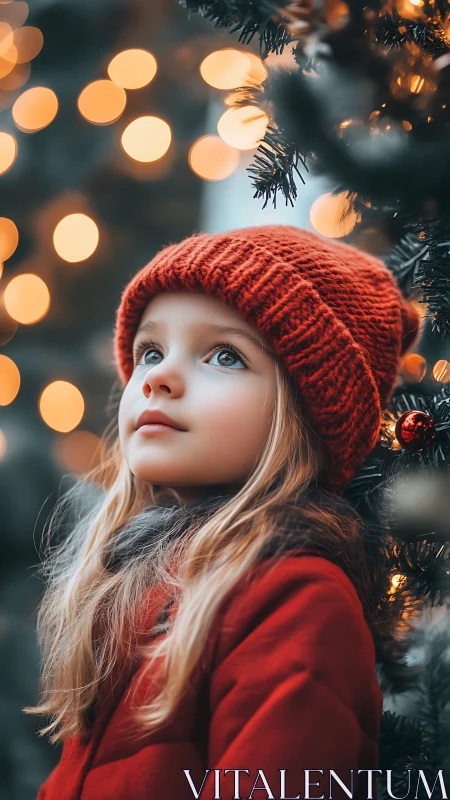 Young child in red winter clothing near lit tree at dusk.