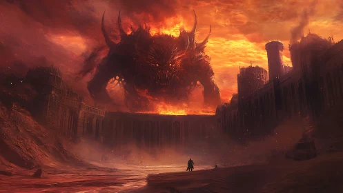 Colossal fire demon looms over fortress in apocalyptic dusk