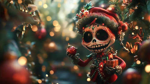 Festive skeleton character in detailed Christmas setting.