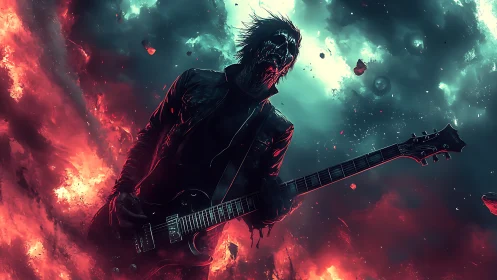 Fierce cosmic guitarist unleashes thunder in a burning sky