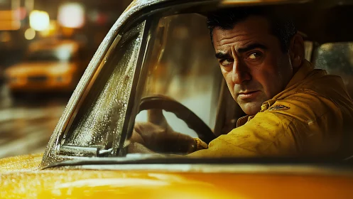 Rain-lit urban taxi driver in cinematic shallow focus study.