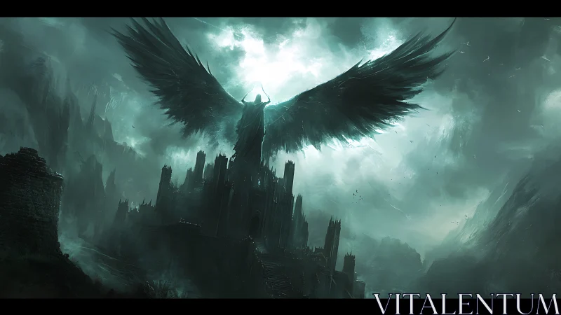 Dark winged guardian rising above a storm swept citadel.