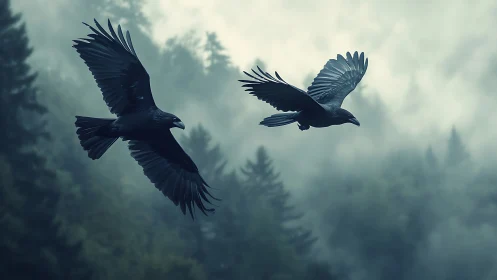 Ravens Gliding Gracefully Above a Misty Evergreen Forest.