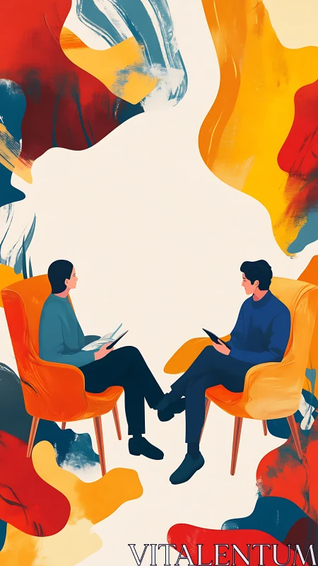 Two seated figures in discussion amid abstract color fields.
