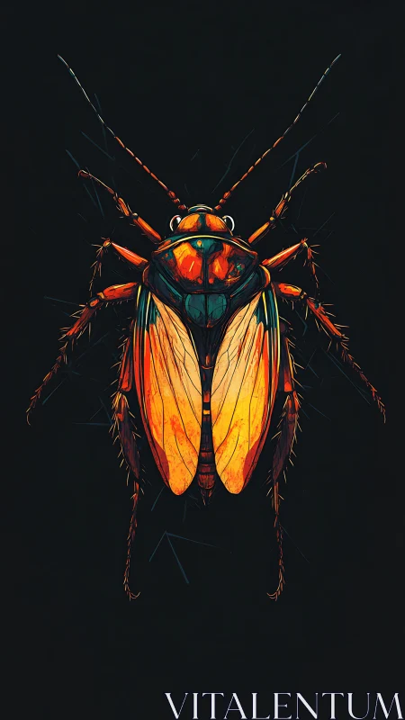 Vivid stylized cockroach illustration on dark background.