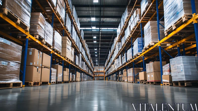 Cathedral of cartons in a gleaming industrial warehouse aisle.