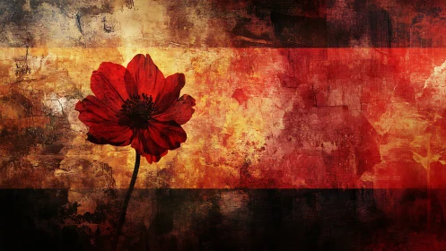Single red flower on textured red and yellow abstract field.