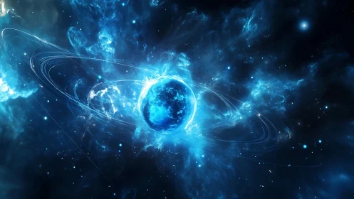 Luminous blue planet with glowing nebula and energy rings.