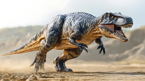 Tyrannosaurus rex running across dry prehistoric terrain.
