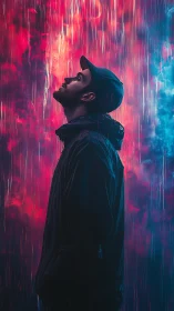 Neon rainwatcher gazes upward in electric twilight storm.