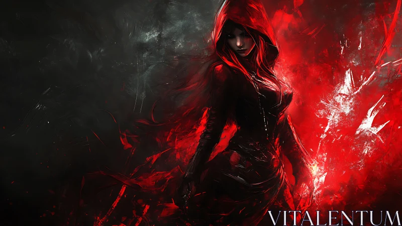 Dark hooded sorceress in red and black swirling energy