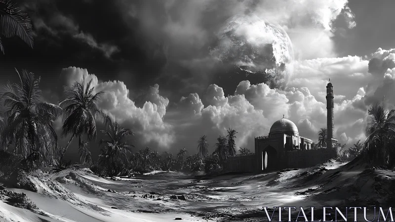 Desert mosque stands under colossal looming planet