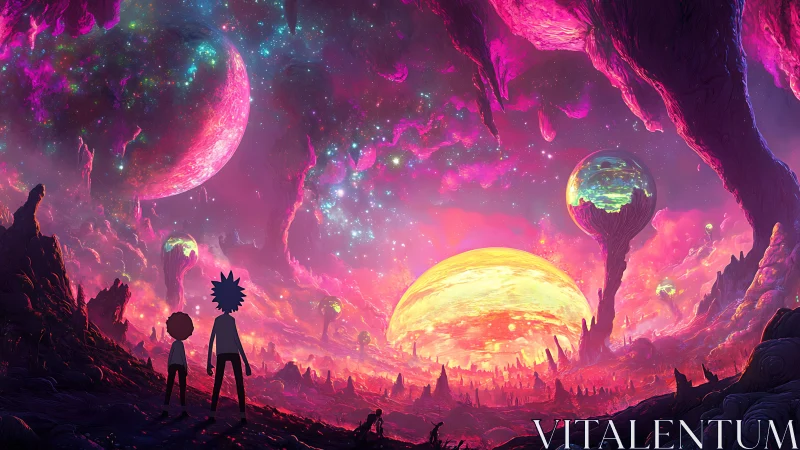 Chromatic alien valley under tri-solar nebular skyscape.