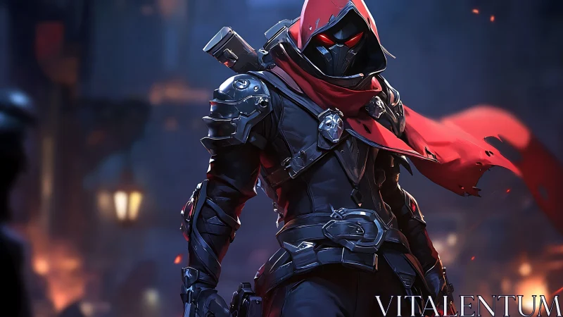 Armored cyber-rogue with red cloak in nocturnal alleyway.