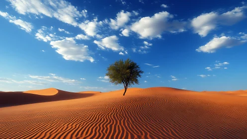 Solitary acacia on rippled dunes under saturated desert sky