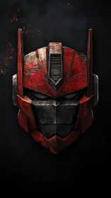 Weathered red robotic helmet is centered on a dark field