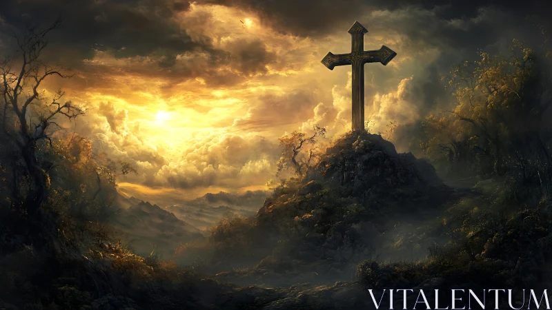 Cross crowned by burning sky over misty mountains at dusk.