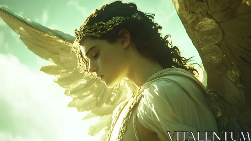 Golden-winged seraphic portrait under radiant backlight.