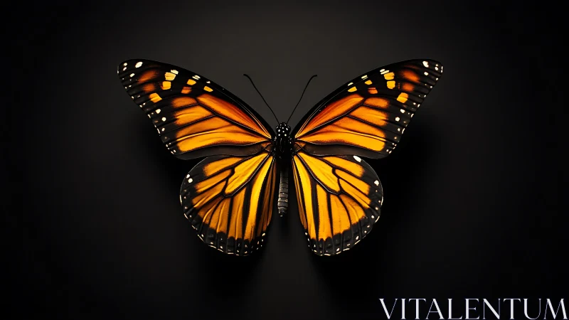 Monarch butterfly rests sharply lit on deep black background
