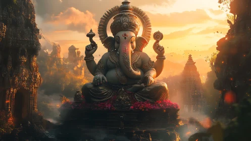 Ganesha statue sits in ornate temple valley at golden sunset