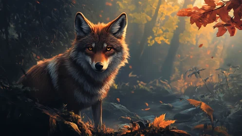 Autumn forest fox under volumetric light scattering study.