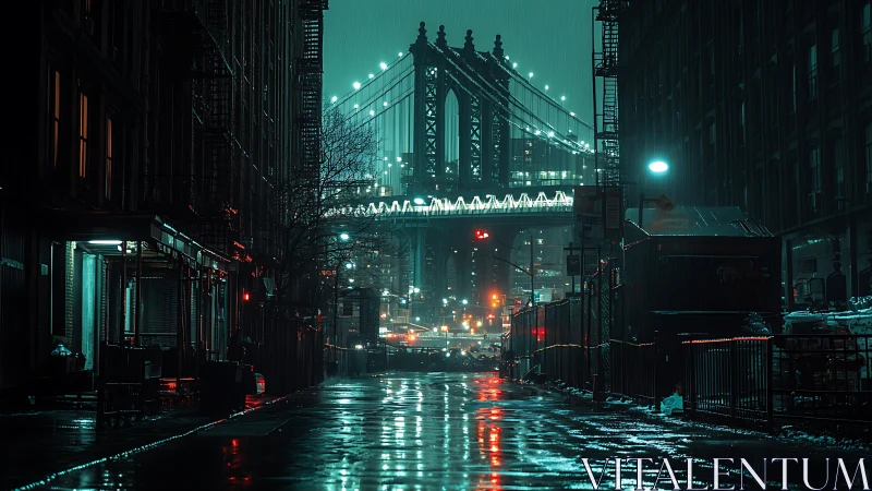 Rain-soaked urban corridor with bridge portal under teal neon haze