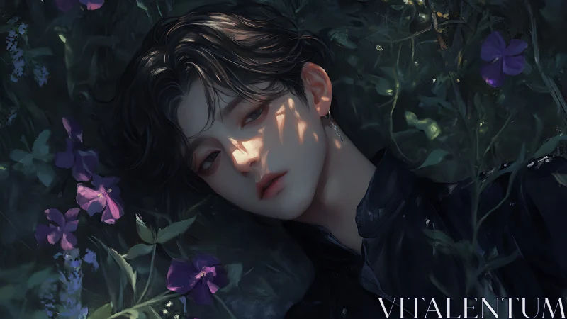 Melancholic youth in dappled light amid violet forest blooms.