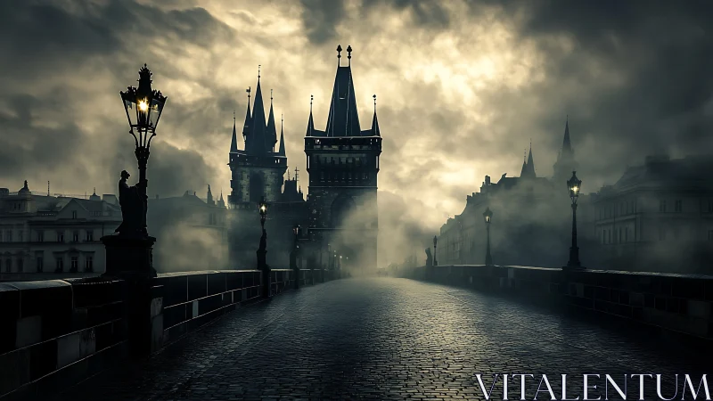 Foggy old city bridge glowing with softly lit lamps.