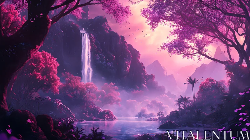 Enchanted violet waterfall glows in a dreamlike forest valley.