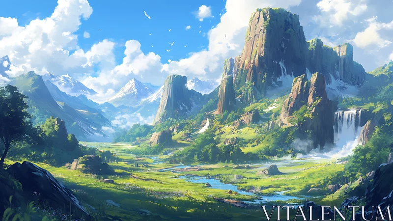 Sunlit fantasy valley unfolds beneath towering emerald peaks