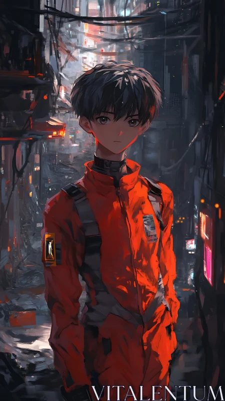 Youth in orange flight suit in dense urban alleyway at dusk.