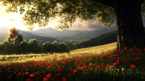 Sunlit poppy meadow unfolds beneath a majestic old tree.