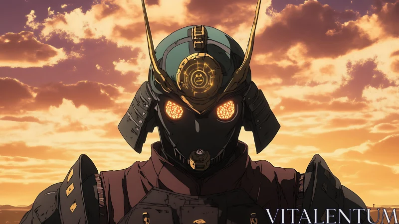 Samurai styled robotic figure stands under an evening sky
