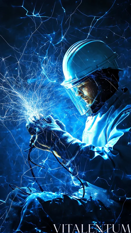 Engineer with electrical sparks in blue illuminated workspace.