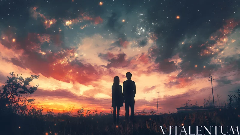 Two silhouetted figures under a vivid starry sunset sky.