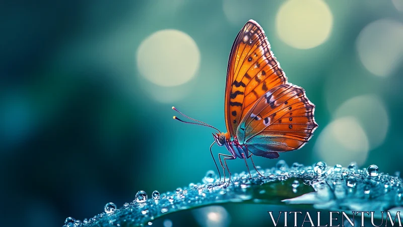 Butterfly rests on wet leaf in high detail macro view