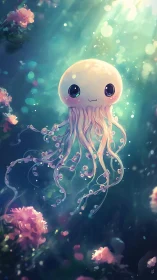 Cute bioluminescent jellyfish drifts in stylized aquatic light field