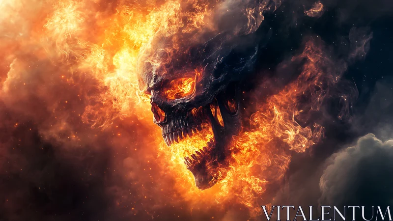 Flaming demonic skull emerging from infernal nebula clouds.