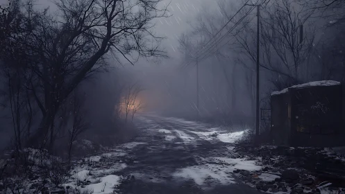 Lonely winter road curves through fog as distant light glows.