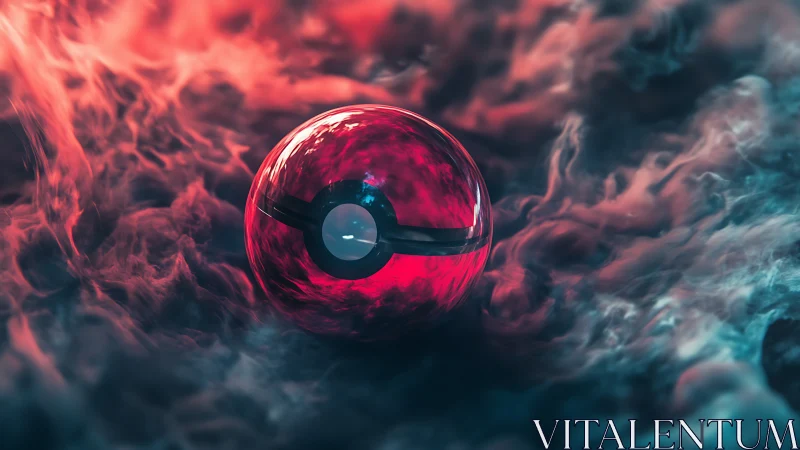 Glowing red orb hovers amid swirling neon mist and smoke.